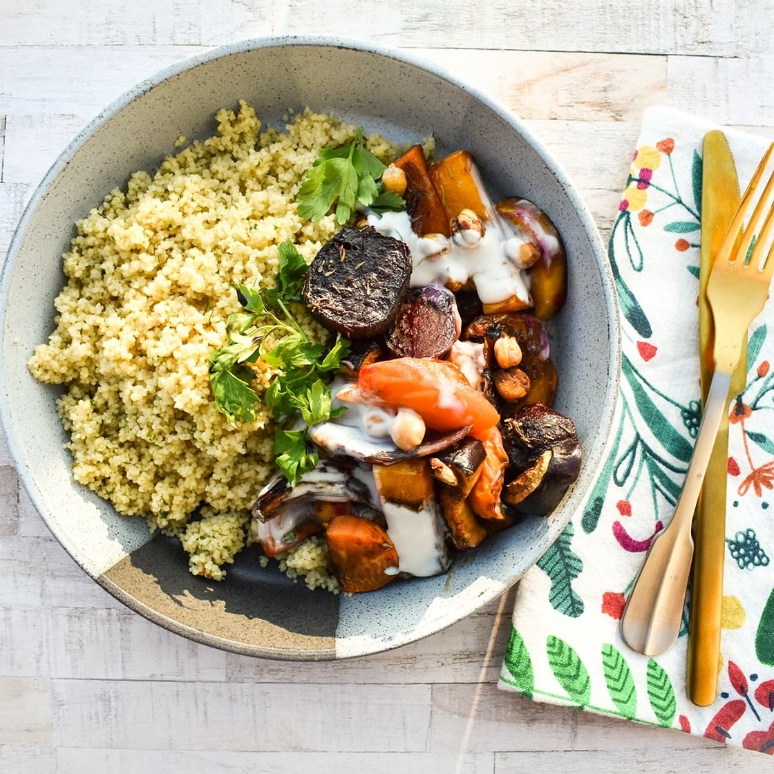 Moroccan Vegetable Tagine Traybake with Chickpeas