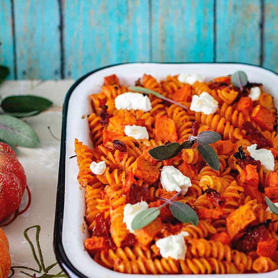 Pumpkin and Goat Cheese Fusilli Pasta Bake