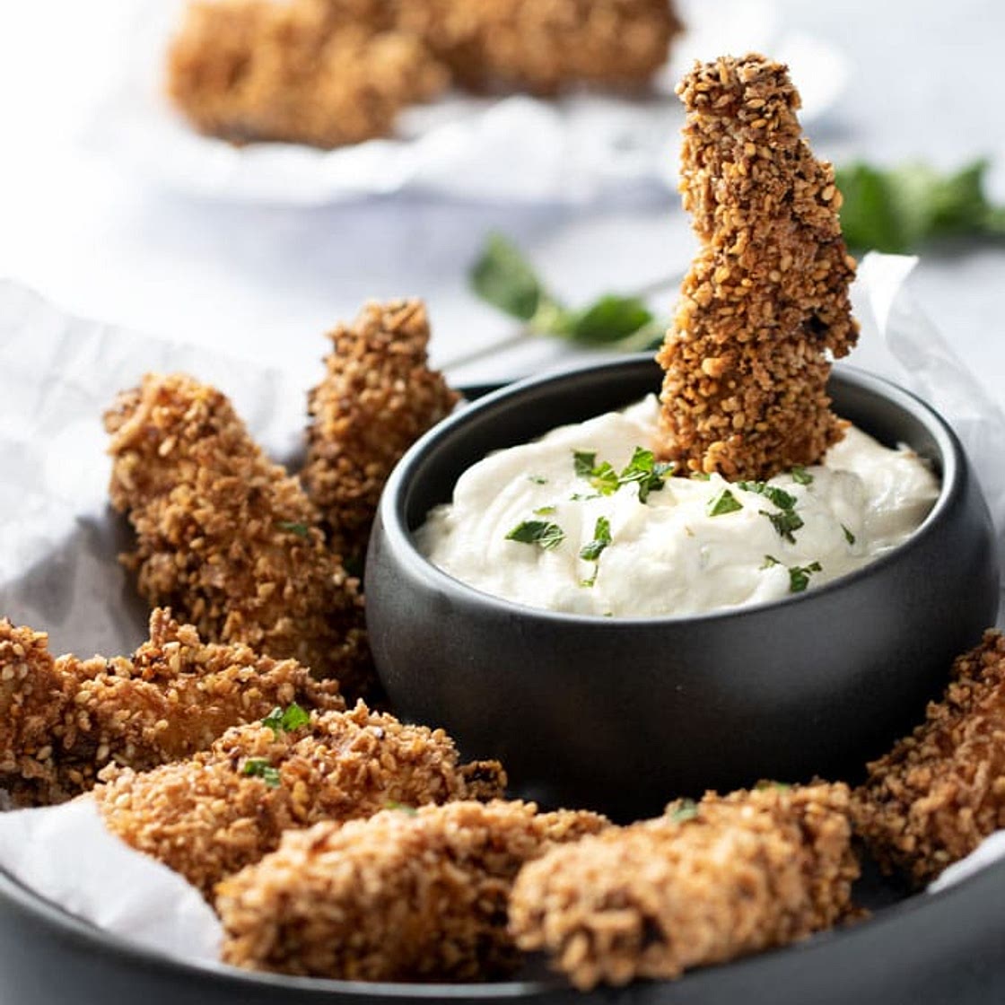Turkish Sesame Fried Chicken Bites with Tahini Yogurt Remoulade