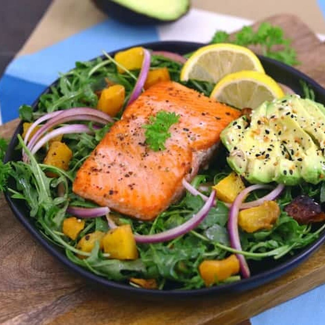 Crispy Pan Seared Salmon Salad