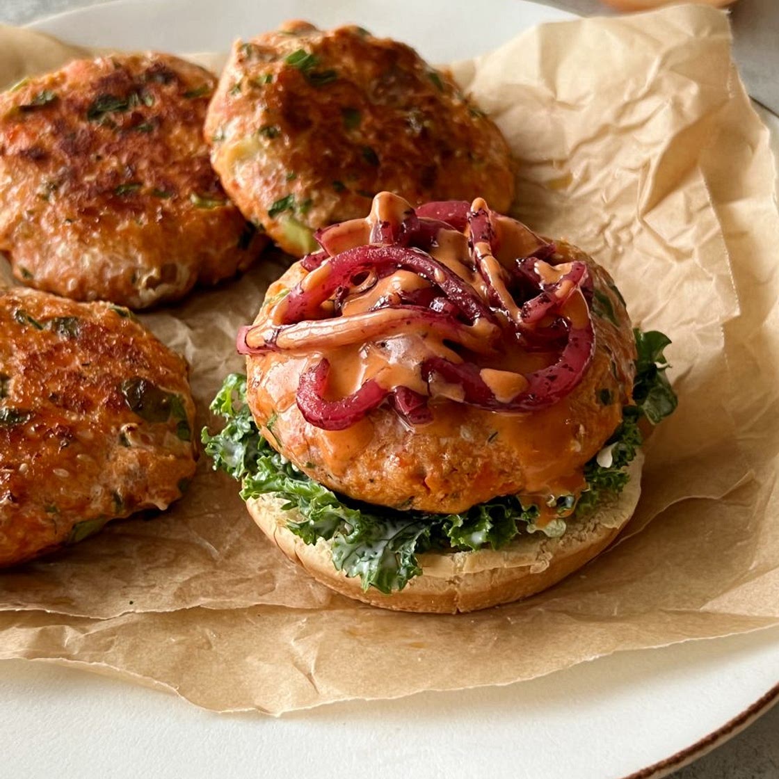 Salmon Burgers with Spicy Slaw