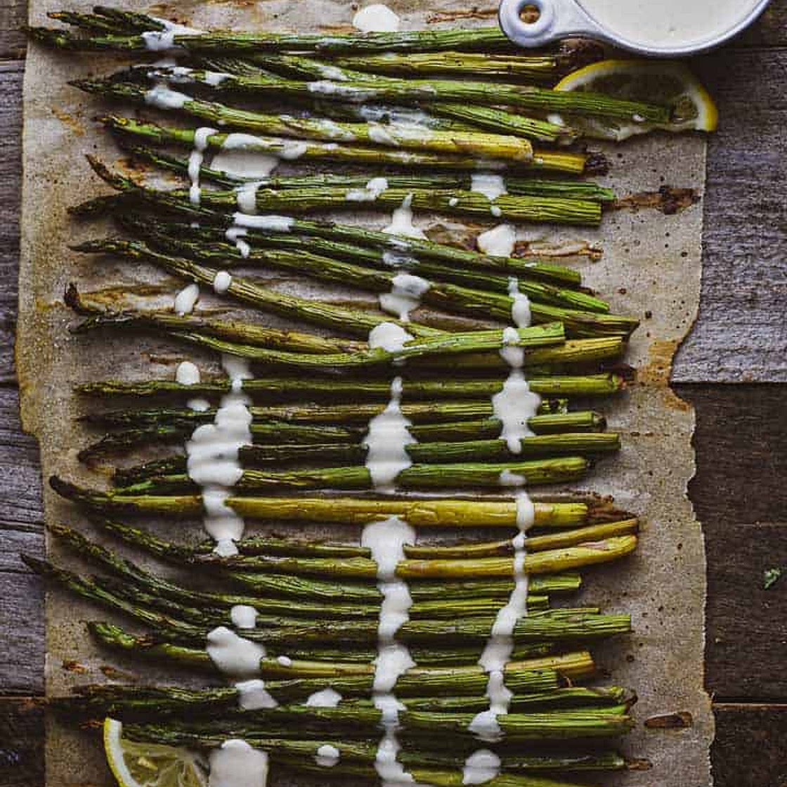 Oven Roasted Asparagus With Lemon Tahini Sauce