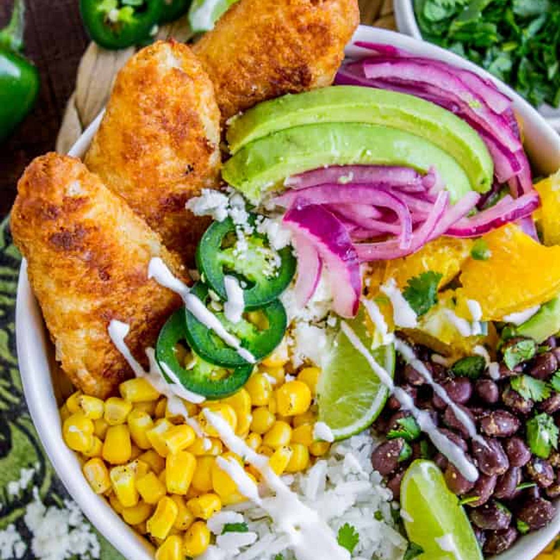 Beer-Battered-Fish Burrito Bowl with Orange Avocado Salsa