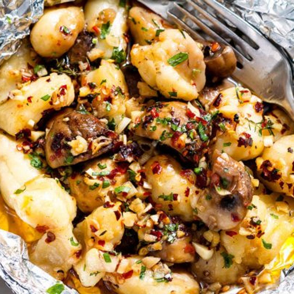 Garlic Butter Mushrooms and Gnocchi in Foil Packets