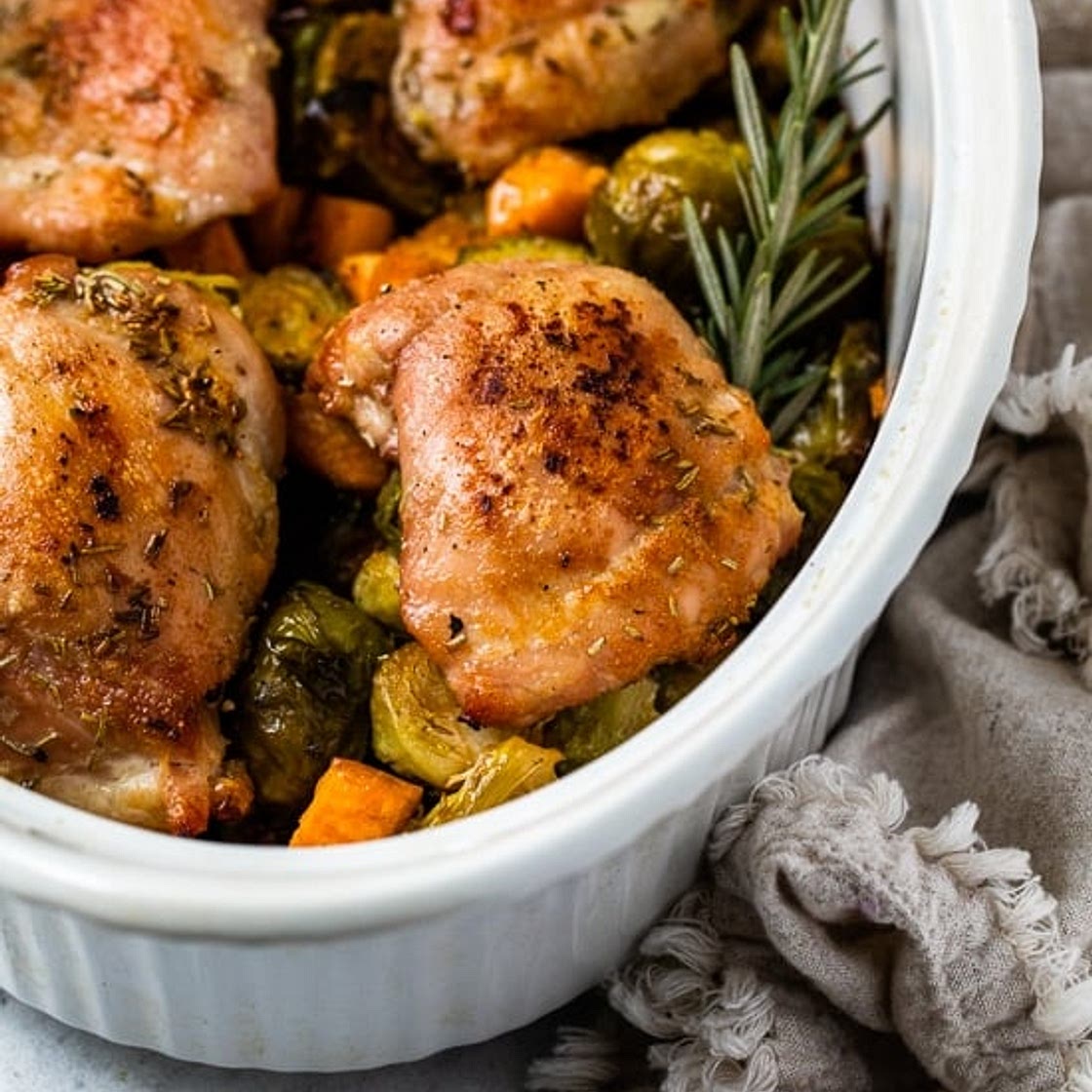 Baked Chicken Thighs with Brussels Sprouts and Sweet Potato