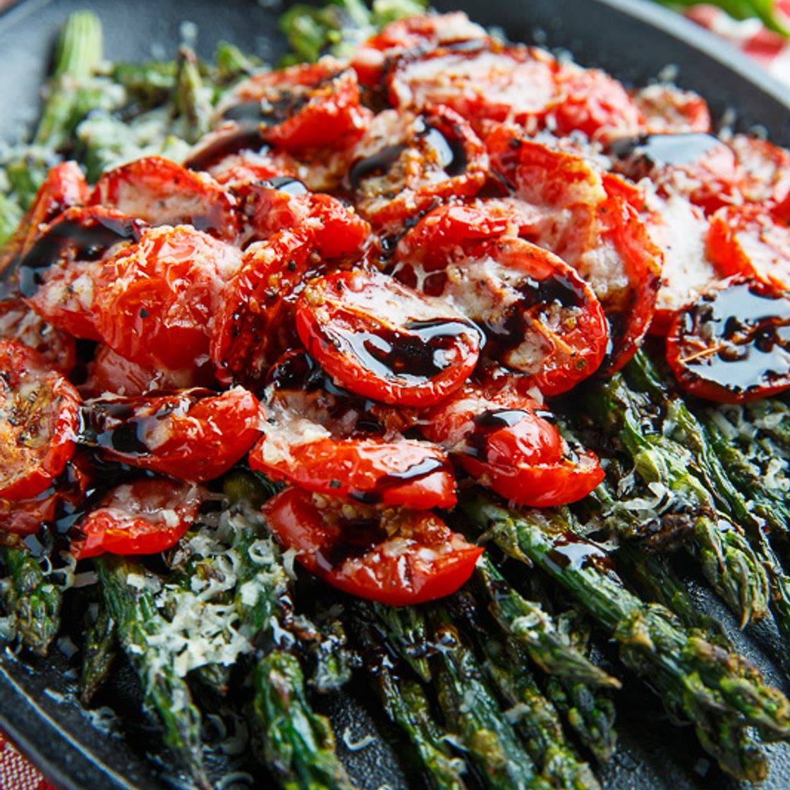 Balsamic Parmesan Roasted Asparagus and Tomatoes