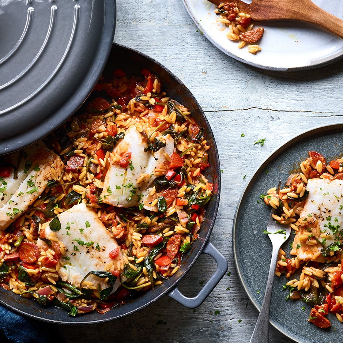 Baked chorizo orzo with white fish