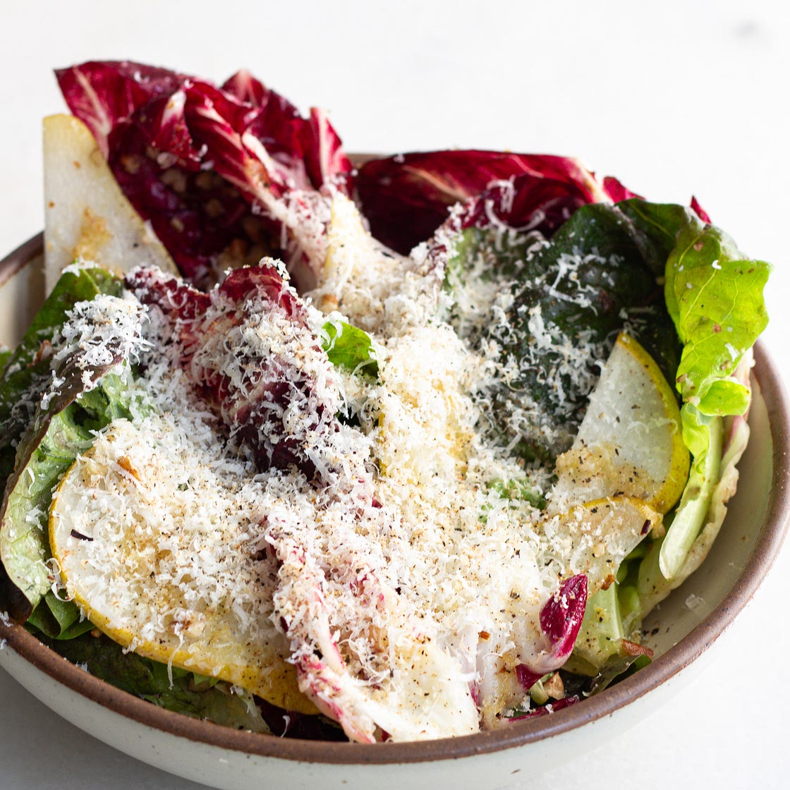 Chicories with Pear Vinaigrette, Parmesan & Pecans