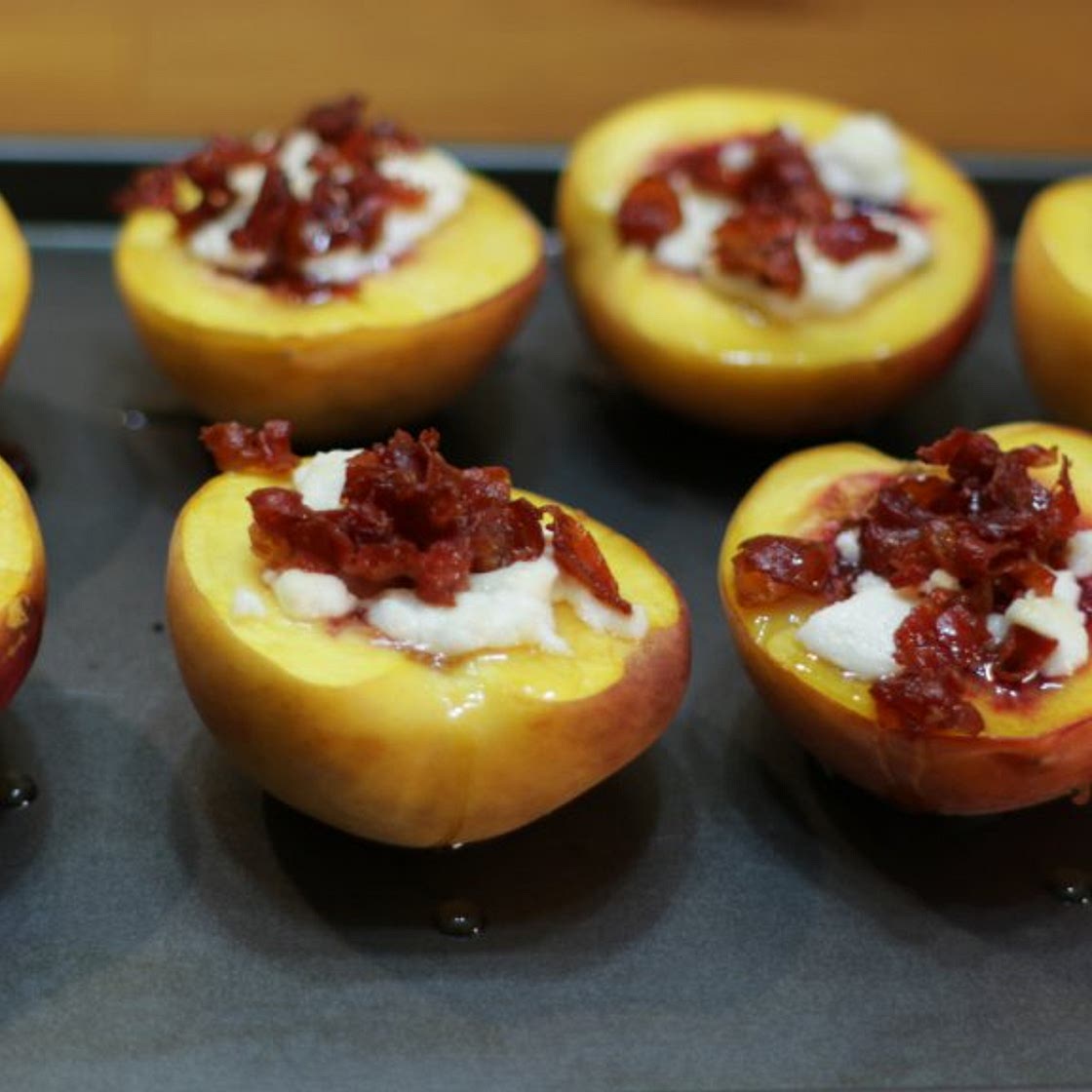 Roasted Peaches with Goat Cheese, Prosciutto, and Honey