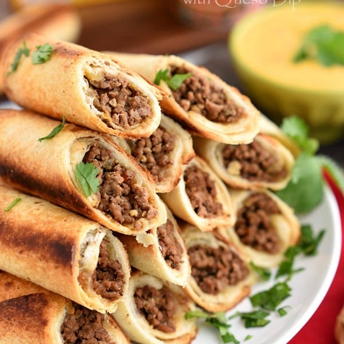 Baked Beef Flautas with Queso Dip