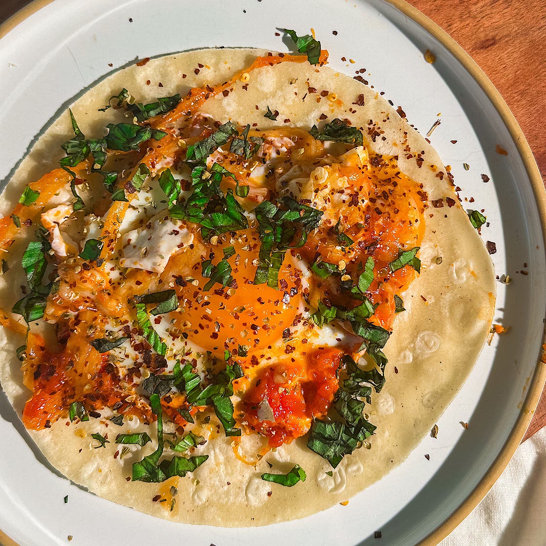 Pizza Fried Egg on a Tortilla