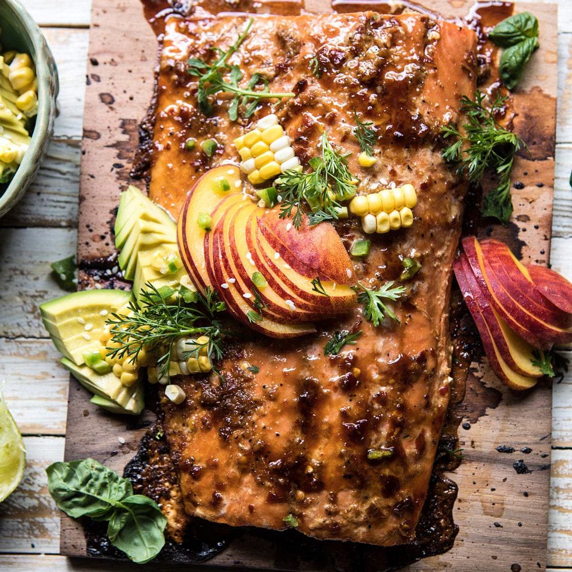 Honey Ginger Cedar Plank Grilled Salmon with Avocado Salsa