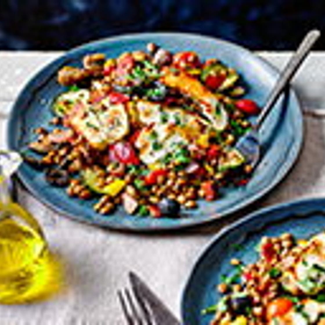 Halloumi and vegetable lentil traybake