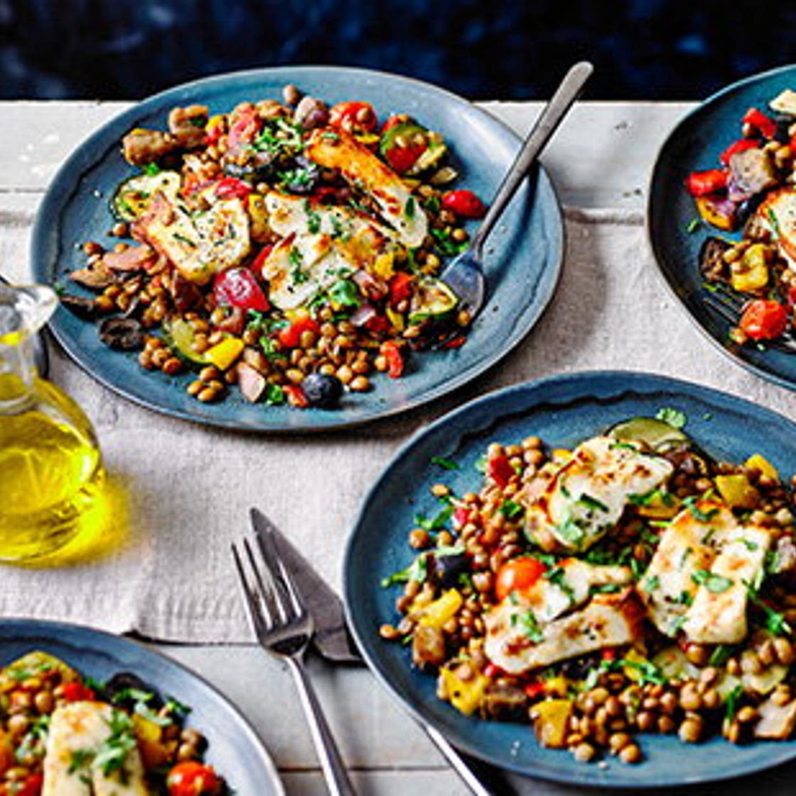 Halloumi and vegetable lentil traybake