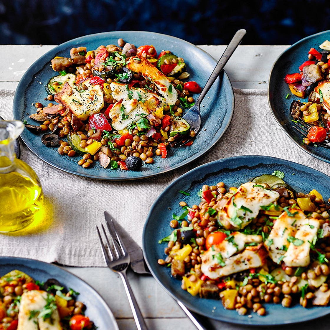 Halloumi and vegetable lentil traybake