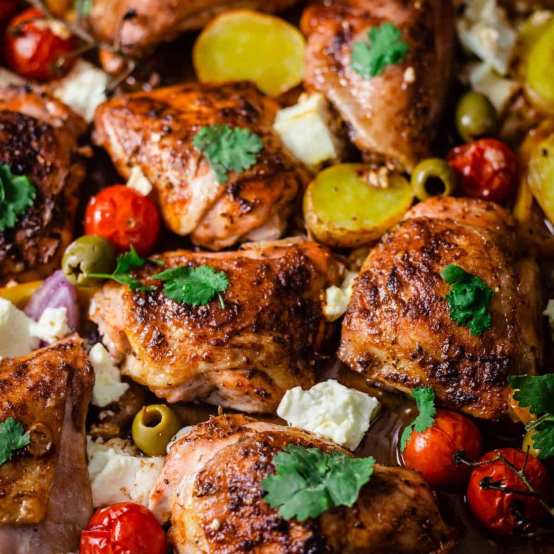 Mediterranean Chicken Tray Bake with Potatoes, Olives, Pepper and Feta