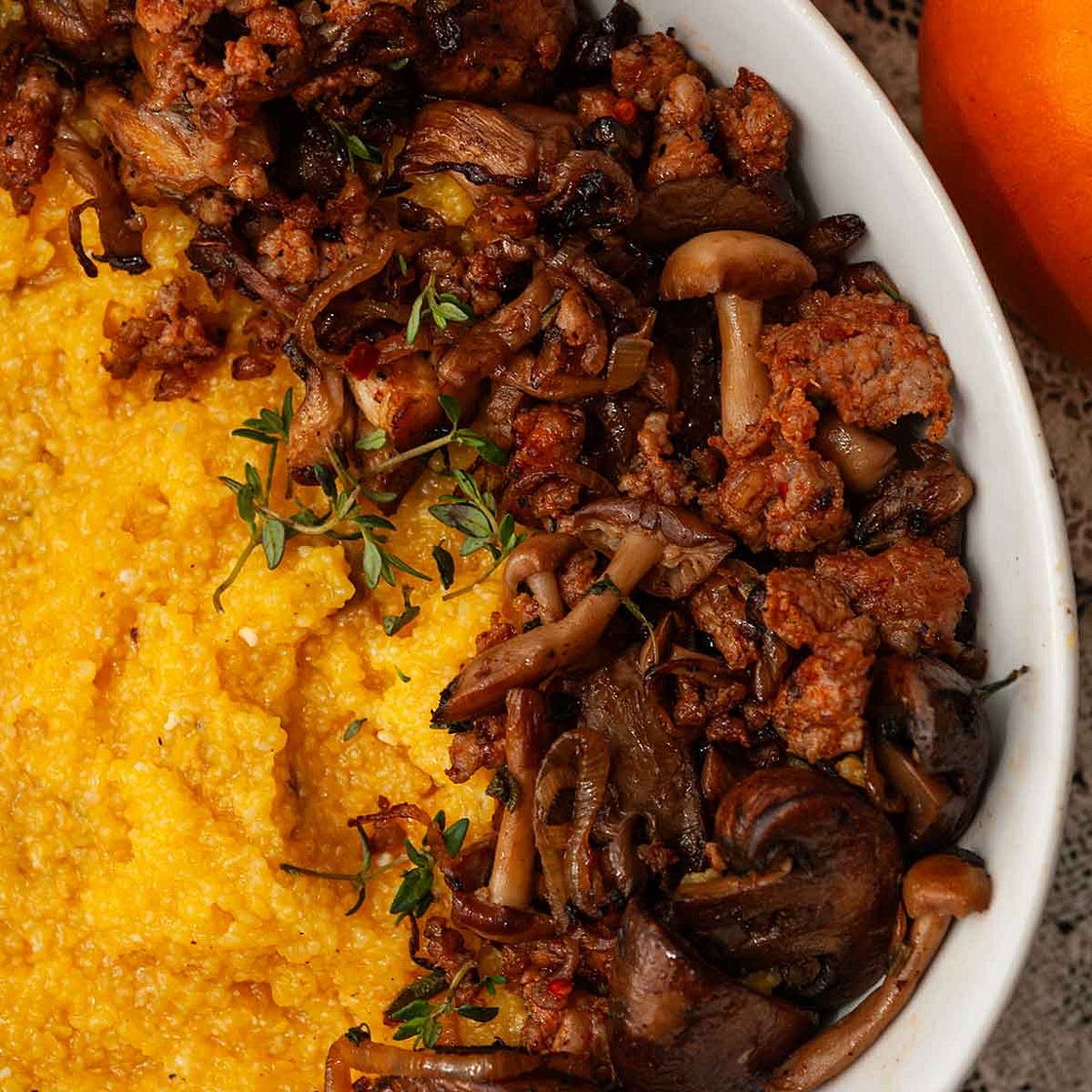 Pumpkin Polenta with Mushrooms and Sausage