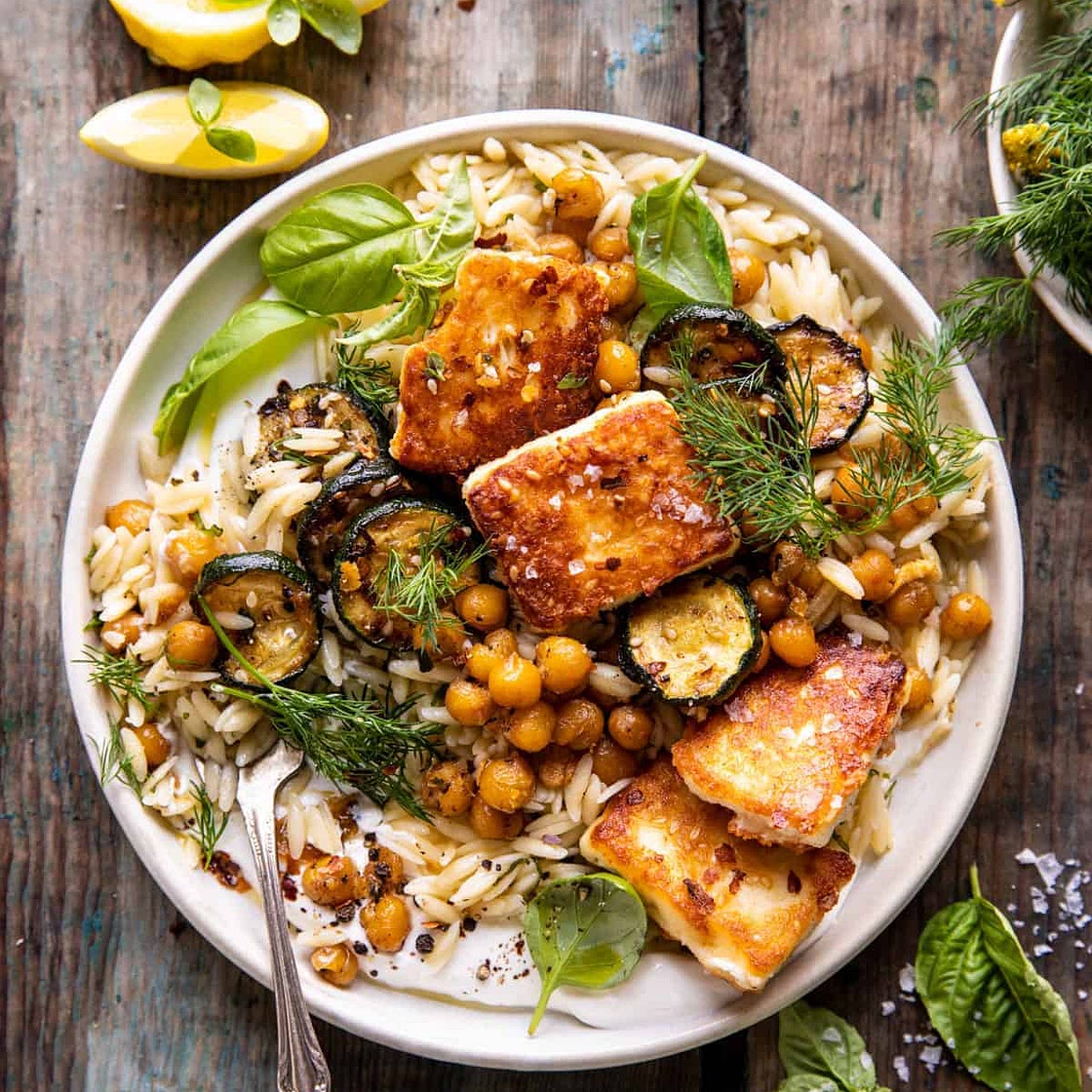 Crispy Lemon Feta with Spiced Chickpeas and Basil Orzo