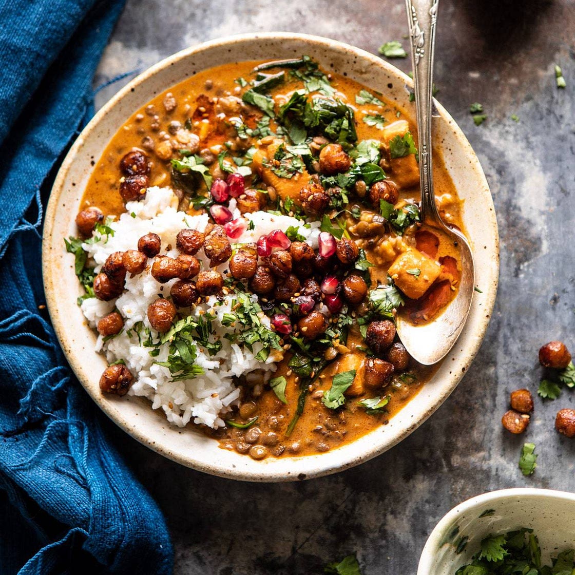 Sweet Potato Lentil Curry with Crispy Sesame Chickpeas