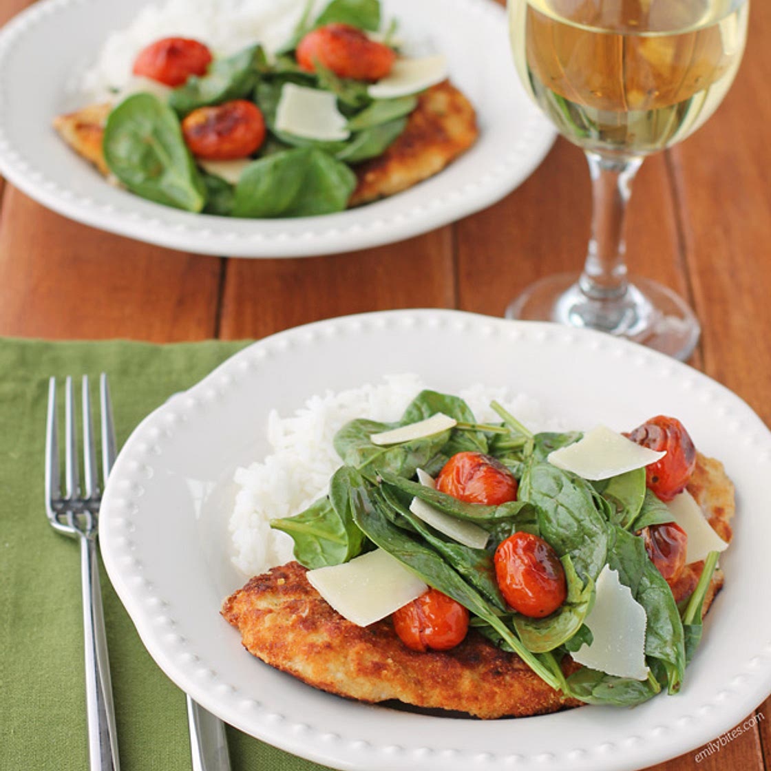 Chicken Milanese with Spinach and Burst Tomatoes