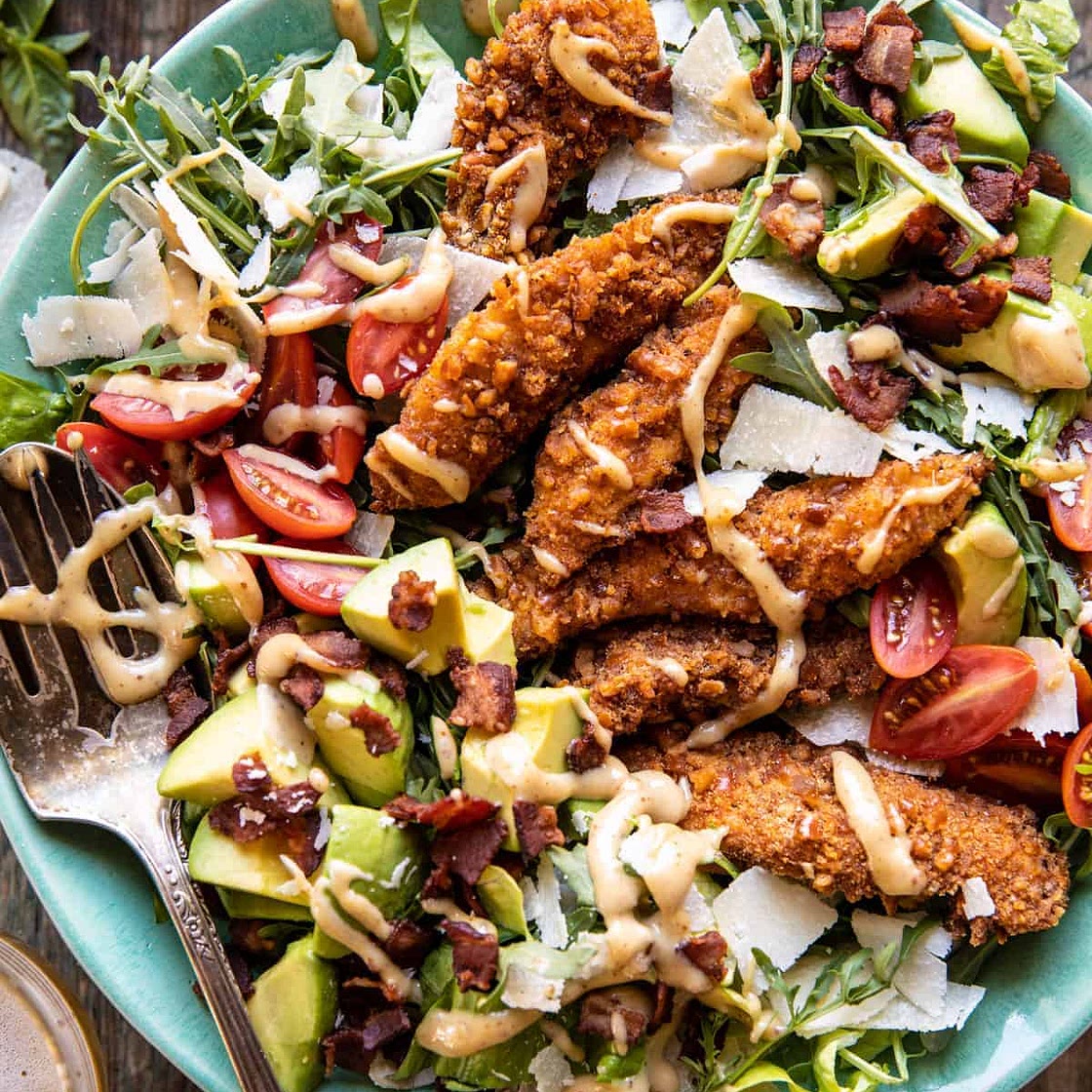 Honey Mustard Pretzel Chicken and Avocado Bacon Salad