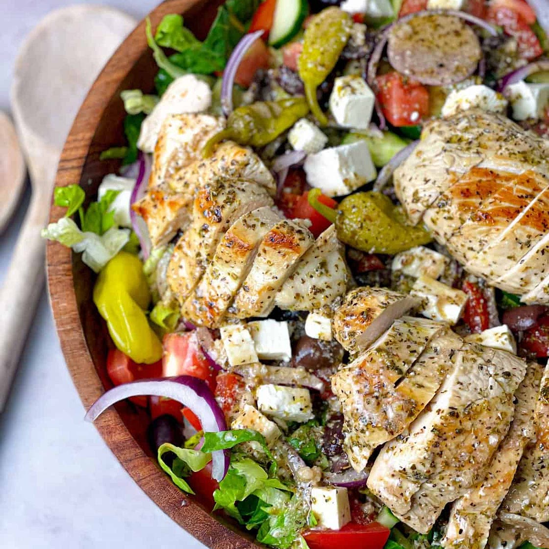 Greek Salad with Marinated and Grilled Chicken Recipe