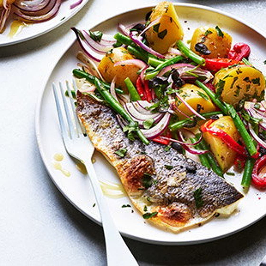 Grilled sea bass fillets with Mediterranean potato salad