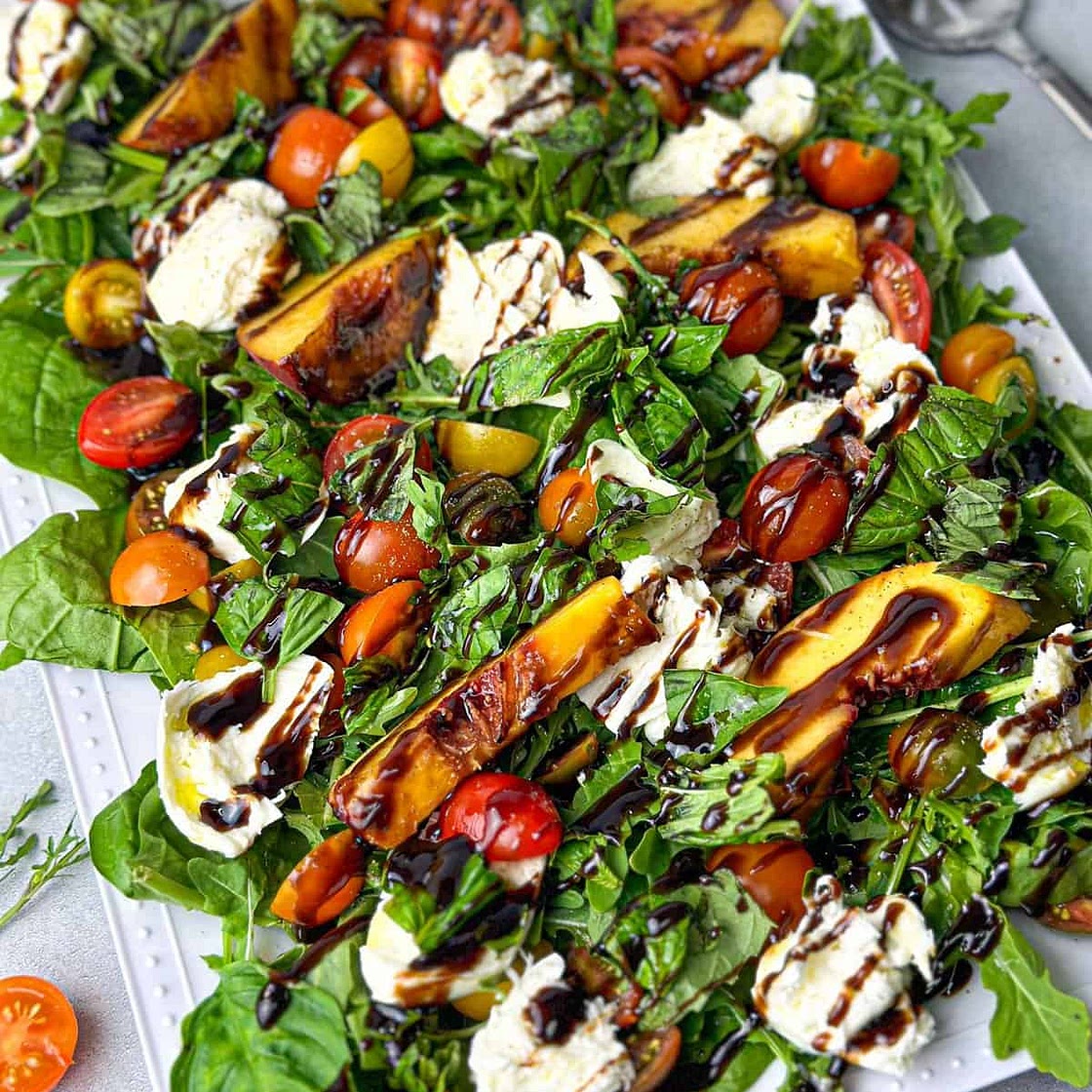Grilled Peach Burrata Arugula Salad