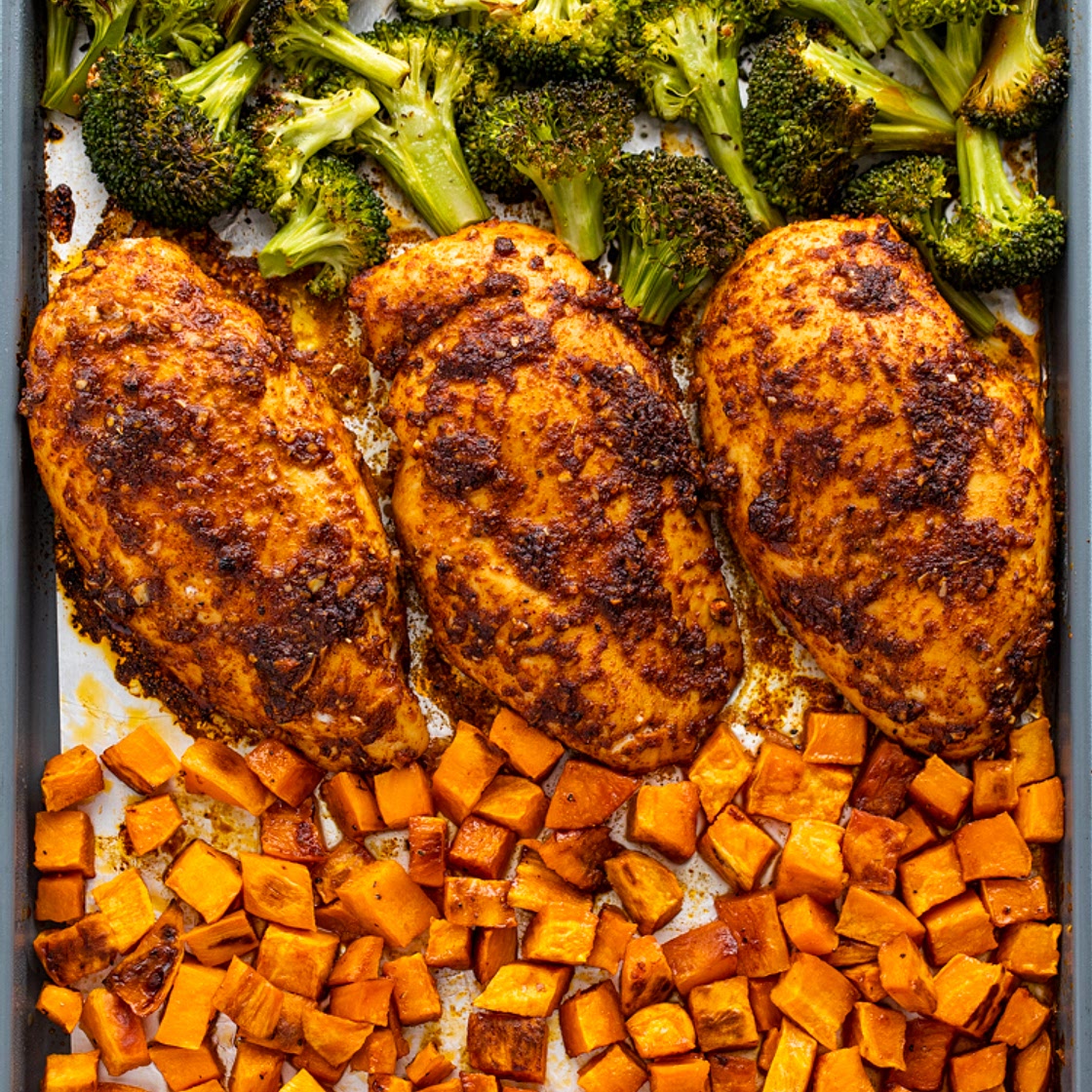 One-Pan Roasted Chicken, Broccoli & Sweet Potatoes + Meal Prep