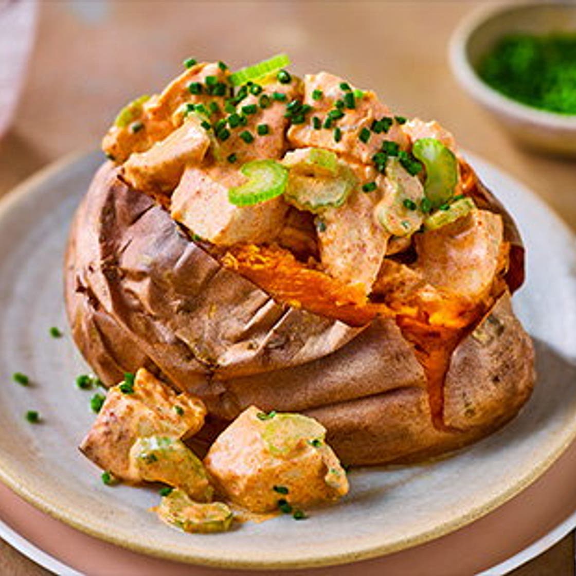 Buffalo-style chicken sweet potatoes