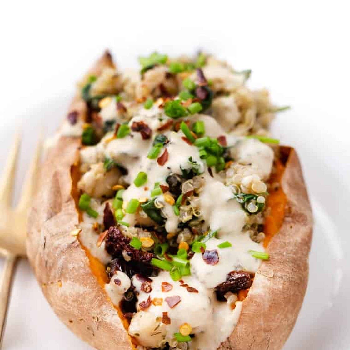 Vegan Stuffed Sweet Potatoes with Mediterranean Quinoa