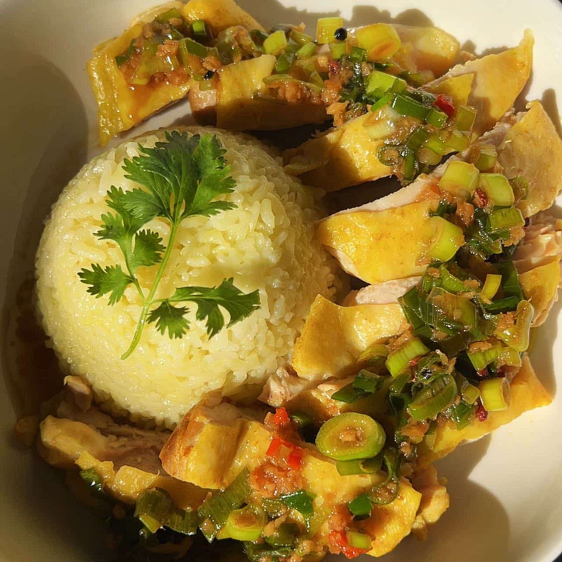 Hainanese Chicken Rice - steamed chicken with ginger & scallion sauce