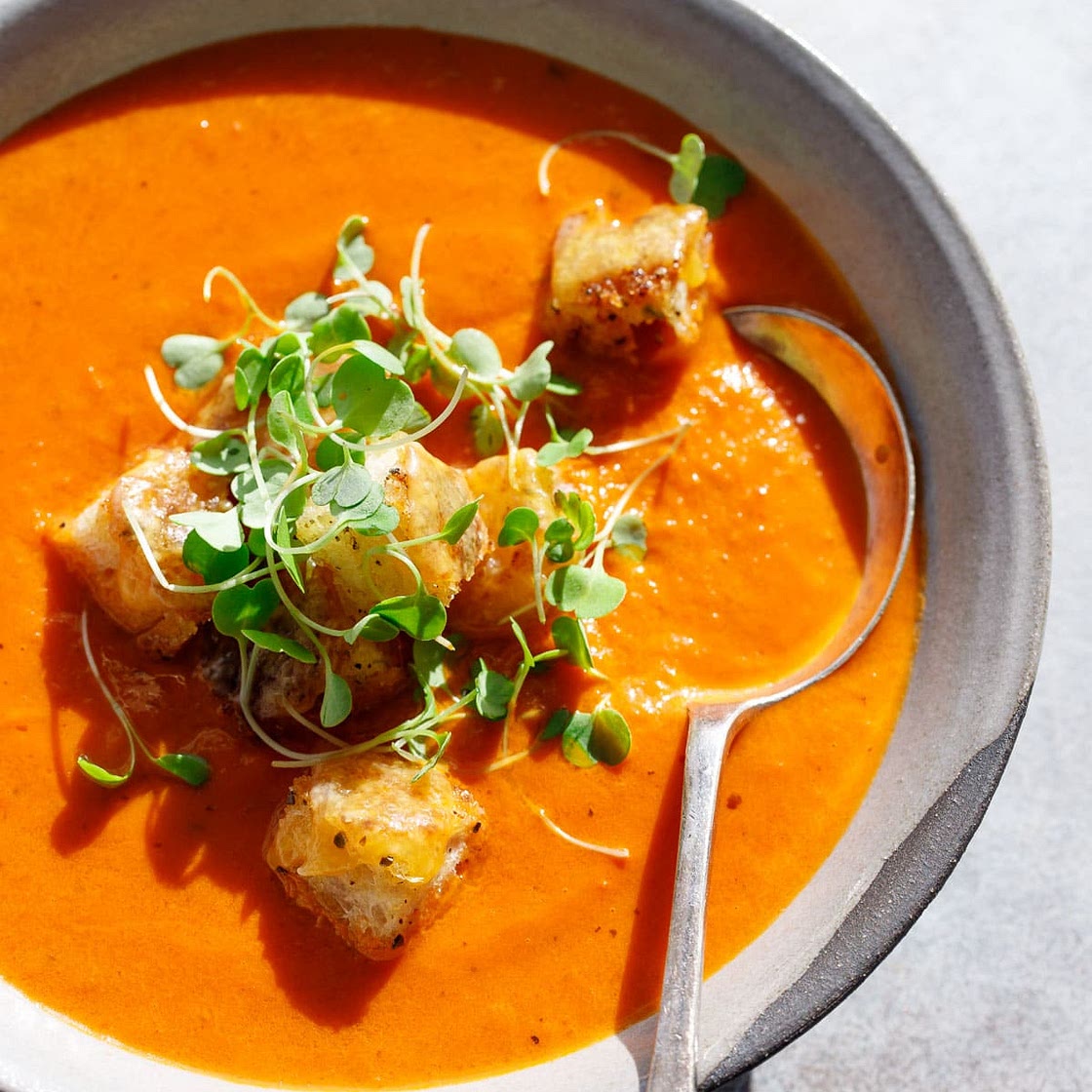 Winter Tomato Soup with Cheesy Croutons