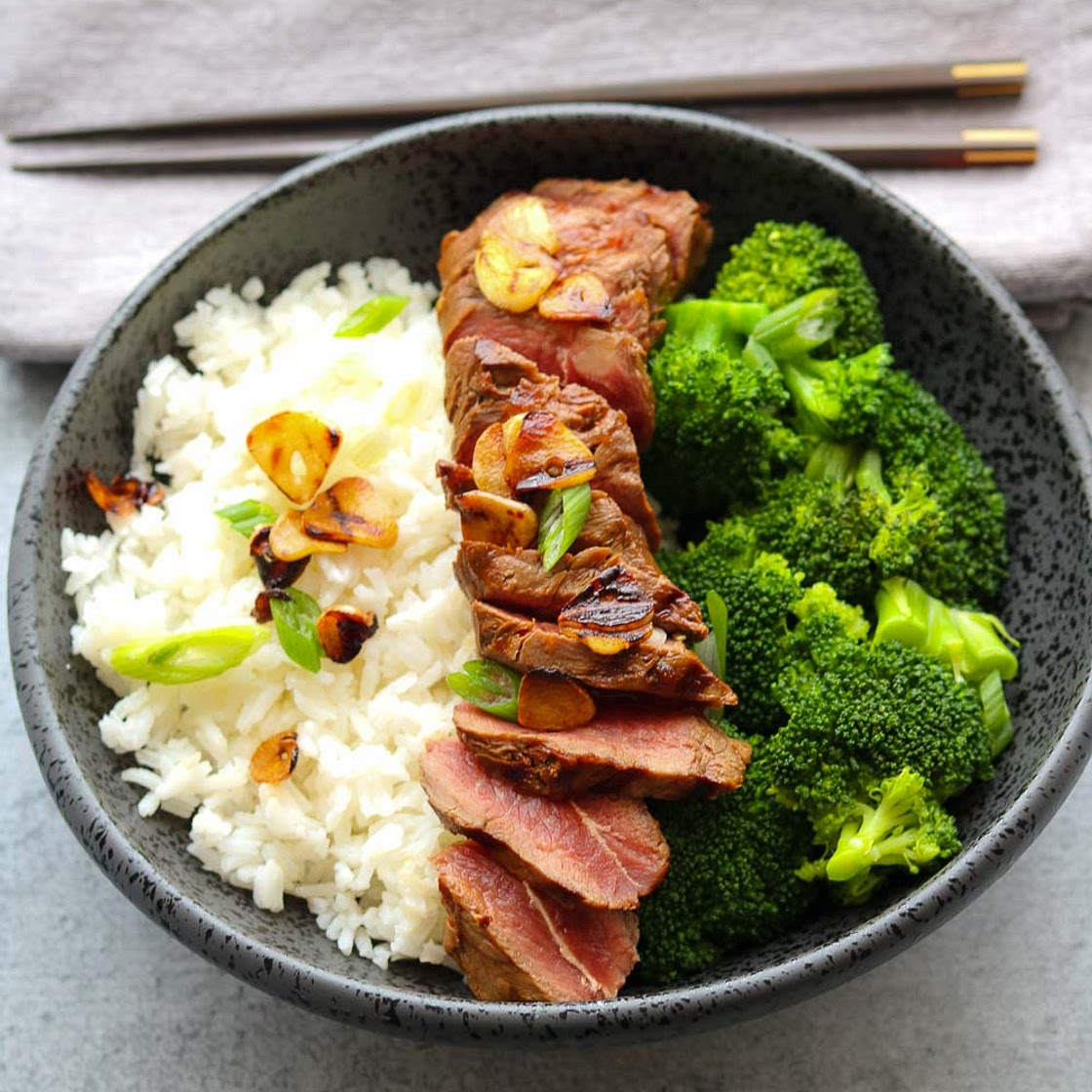 Flat Iron Steak with Lemon, Soy and Crispy Garlic