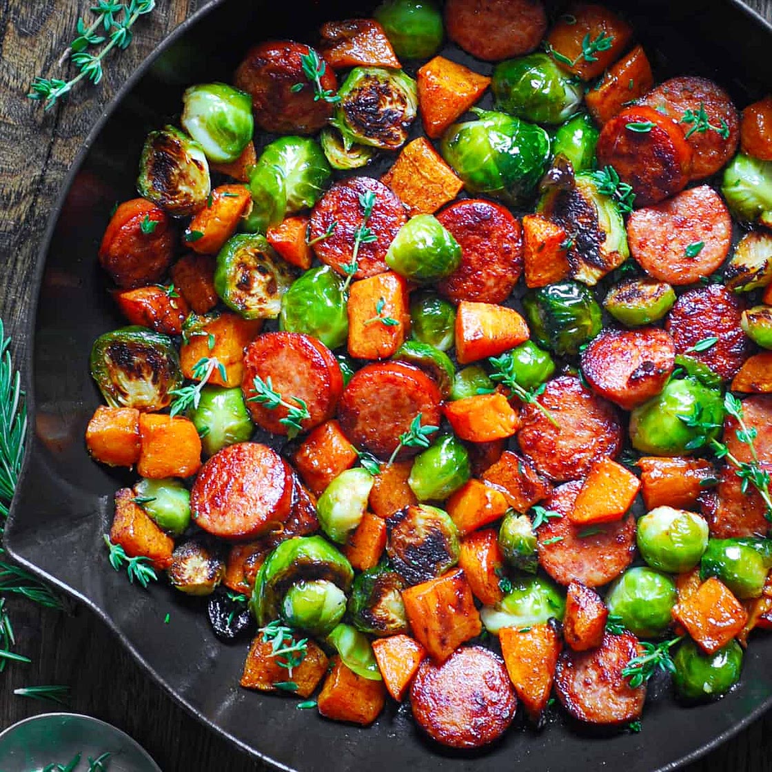 Autumn Sausage Dinner with Roasted Veggies (Butternut Squash and Brussels Sprouts)