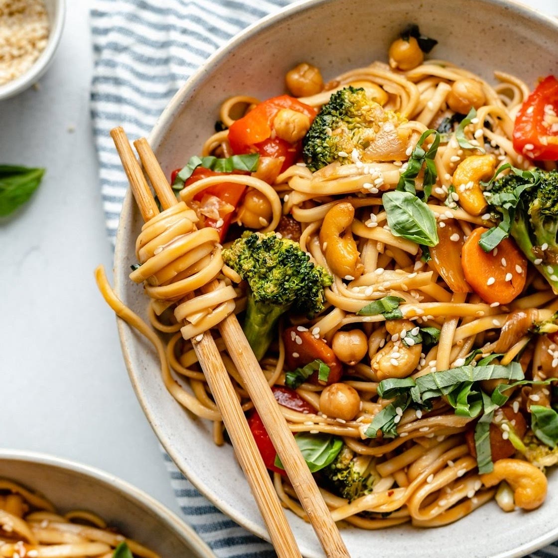 30 Minute Vegan Stir Fry Sesame Noodles with Chickpeas & Basil