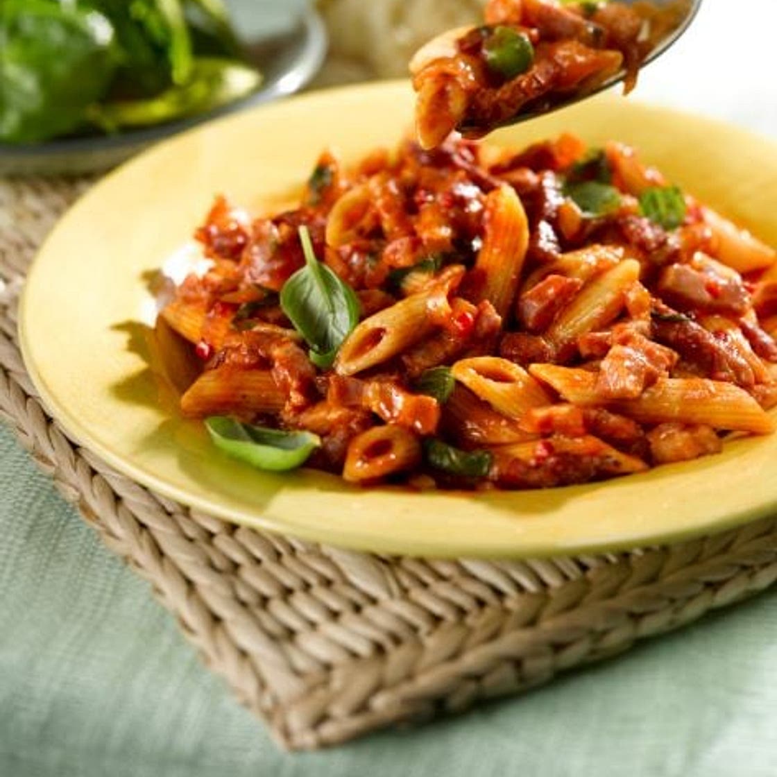 Penne with Spicy Tomato Sauce and Sizzling Bacon