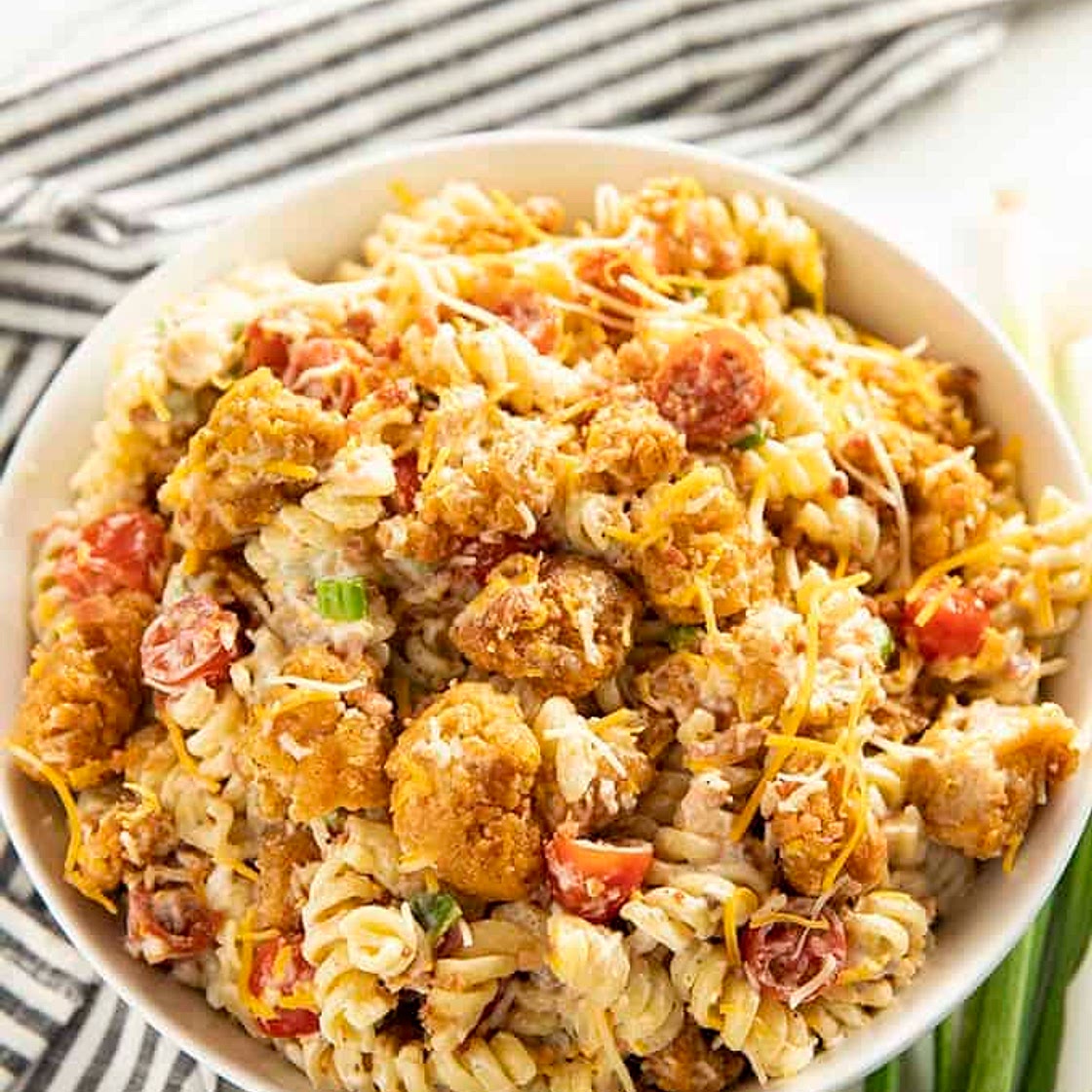 Popcorn Chicken Bacon Ranch Pasta Salad
