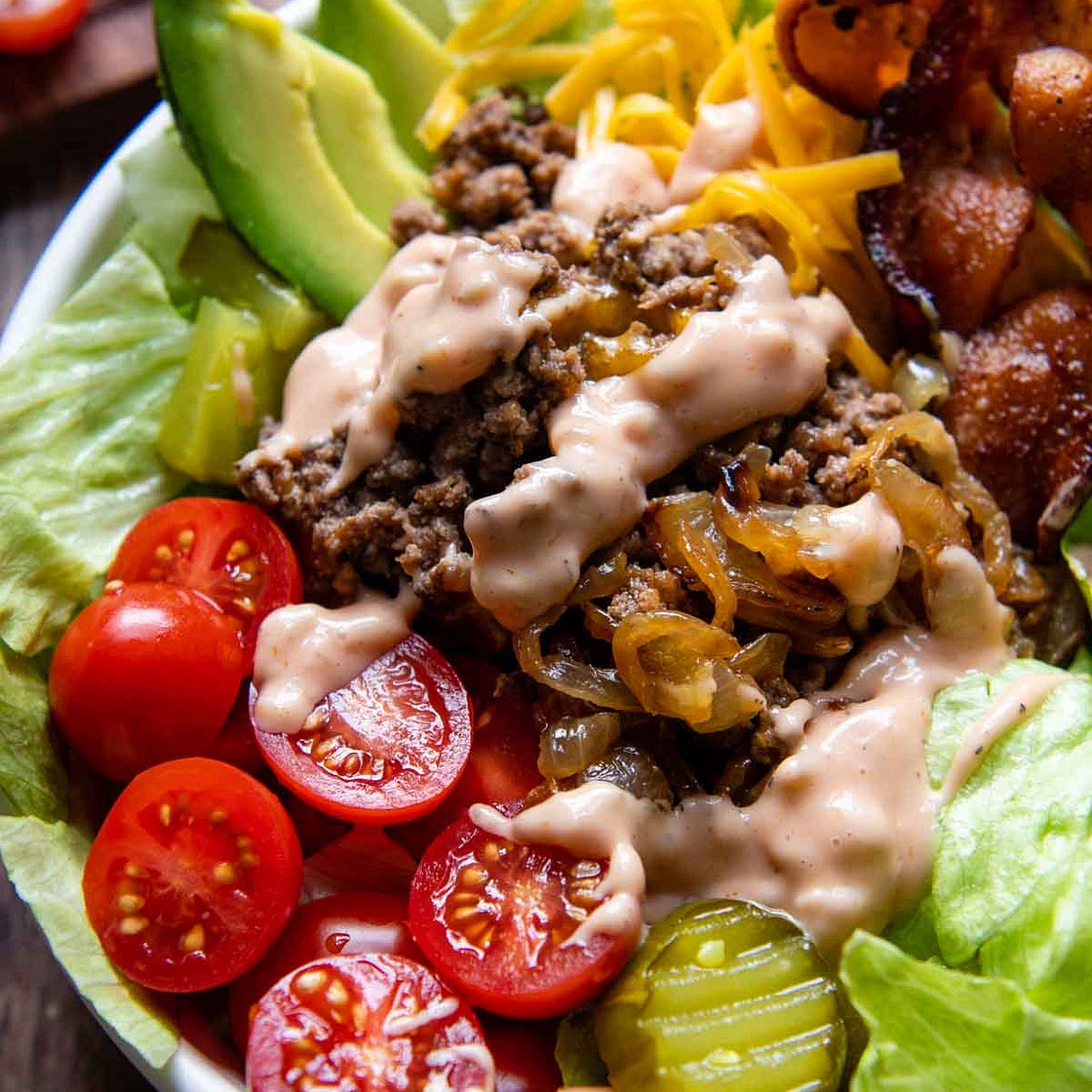 Cheesy Burger Bowls with Bacon and Secret Sauce