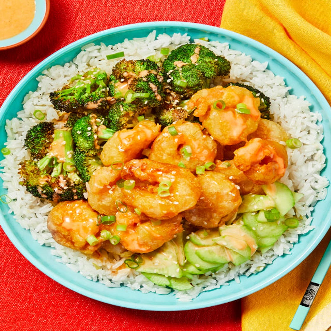 Sweet Heat Shrimp Tempura Bowls with Sesame-Roasted Broccoli & Quick Pickles