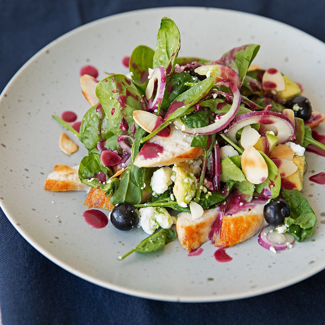 Chicken and avocado salad with blueberry vinaigrette