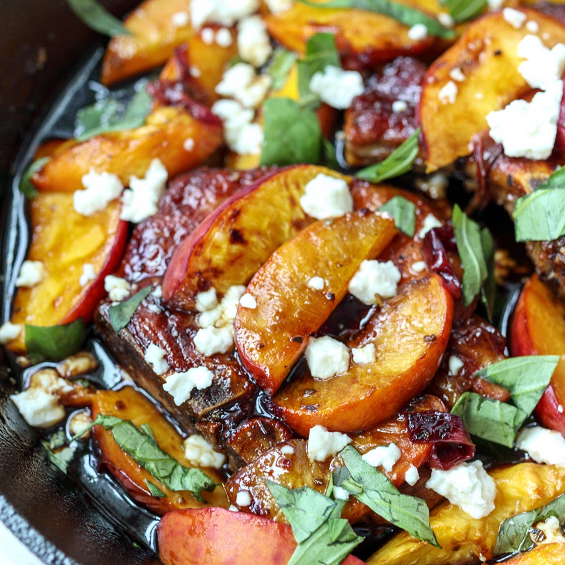 Skillet Balsamic Peach Pork Chops with Feta and Basil