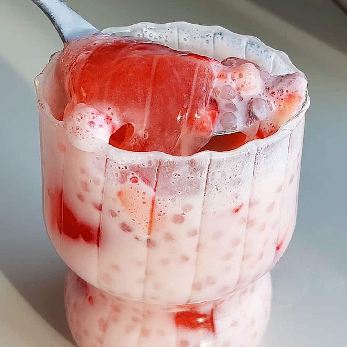 Strawberry Milk with Jelly and Sago