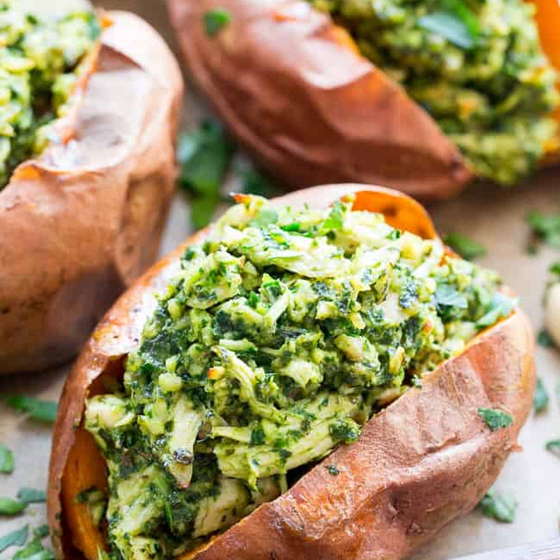 Chicken Pesto Stuffed Sweet Potatoes {Paleo, Whole30}