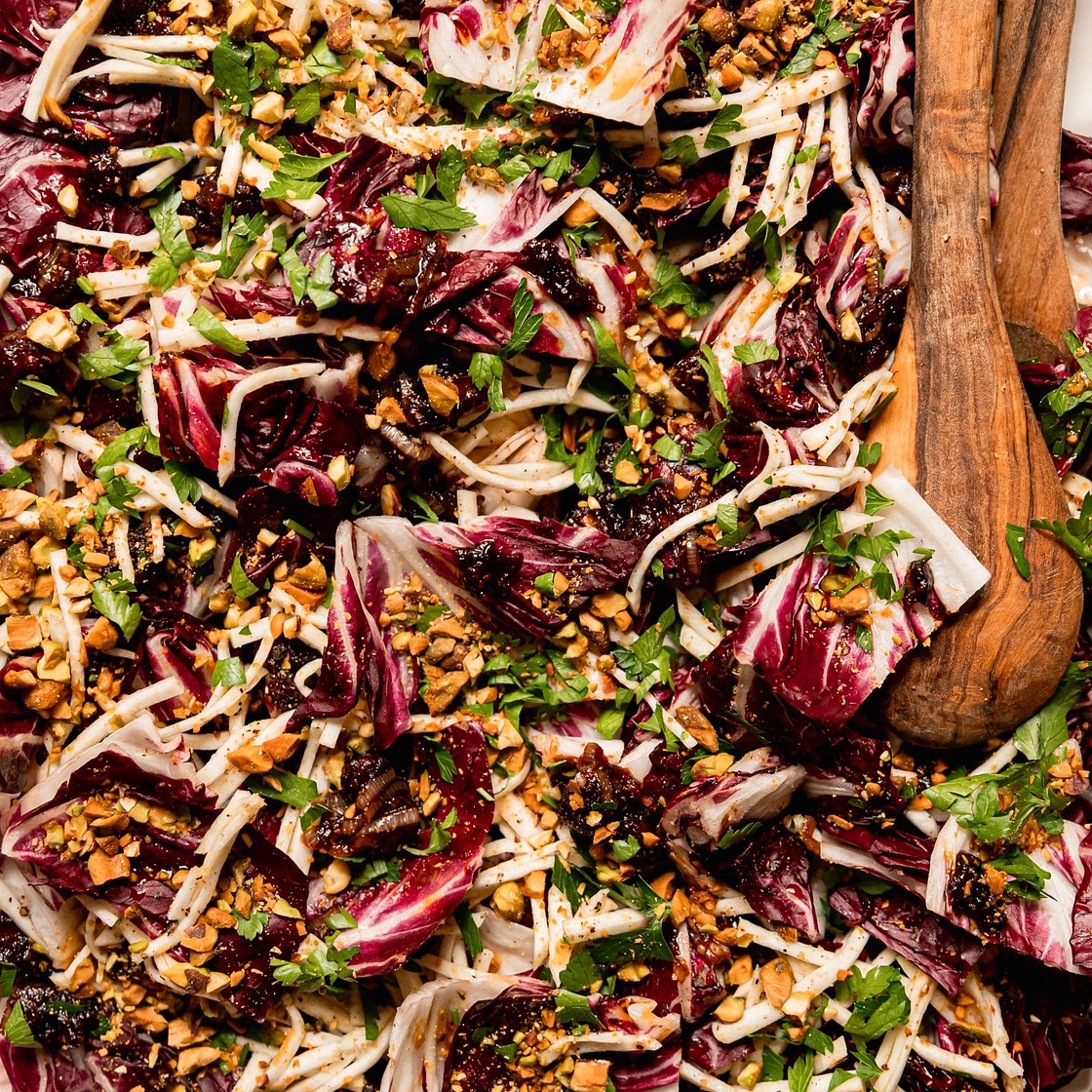 Celery Root Radicchio Salad with Warm Date Dressing & Pistachios