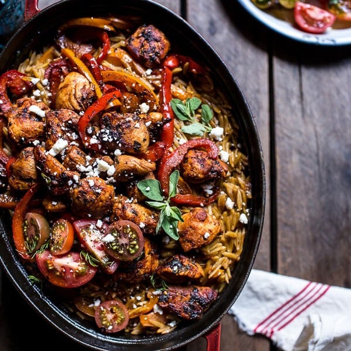 One-Pot Greek Oregano Chicken and Orzo with Tomatoes in Garlic Oil