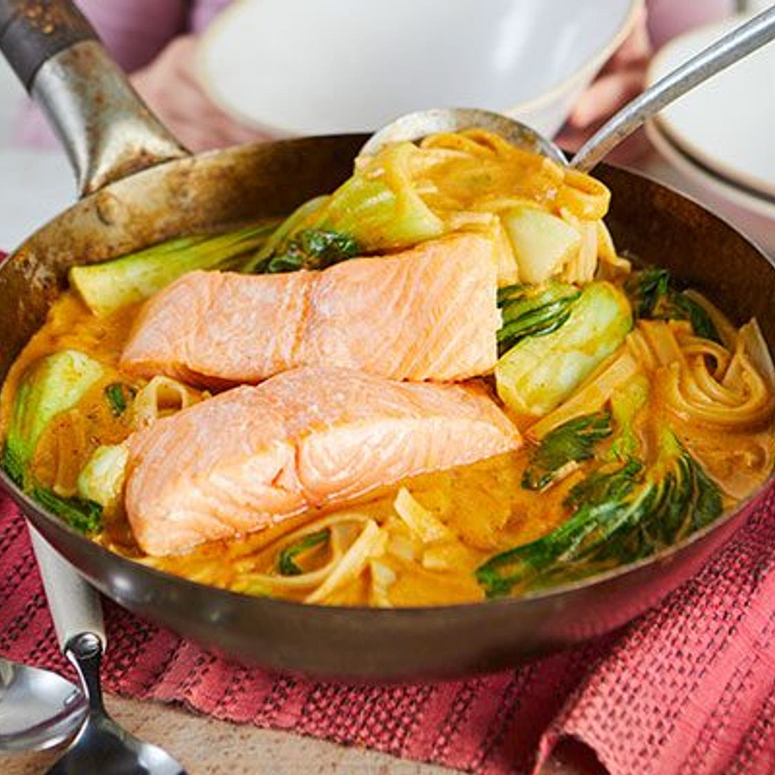 Thai noodle soup with salmon