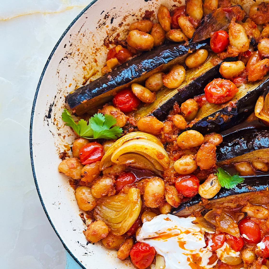 Roasted aubergines and butter beans in chilli pesto