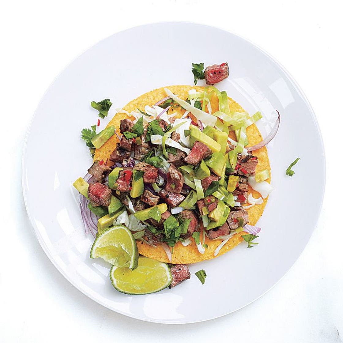 Pickled Beef Tostadas with Tomatillo Salsa