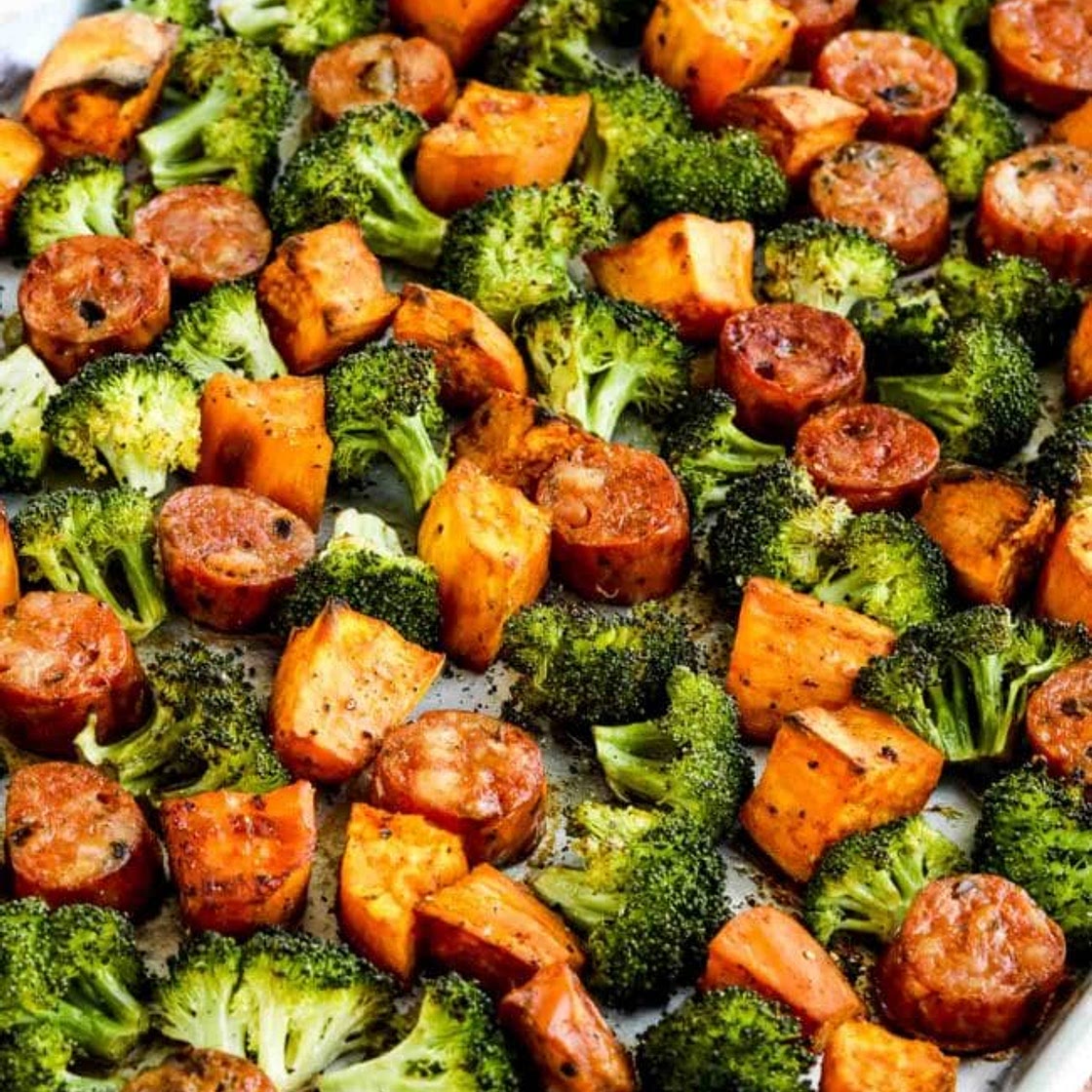 Roasted Sweet Potatoes, Sausage, and Broccoli Sheet Pan Meal